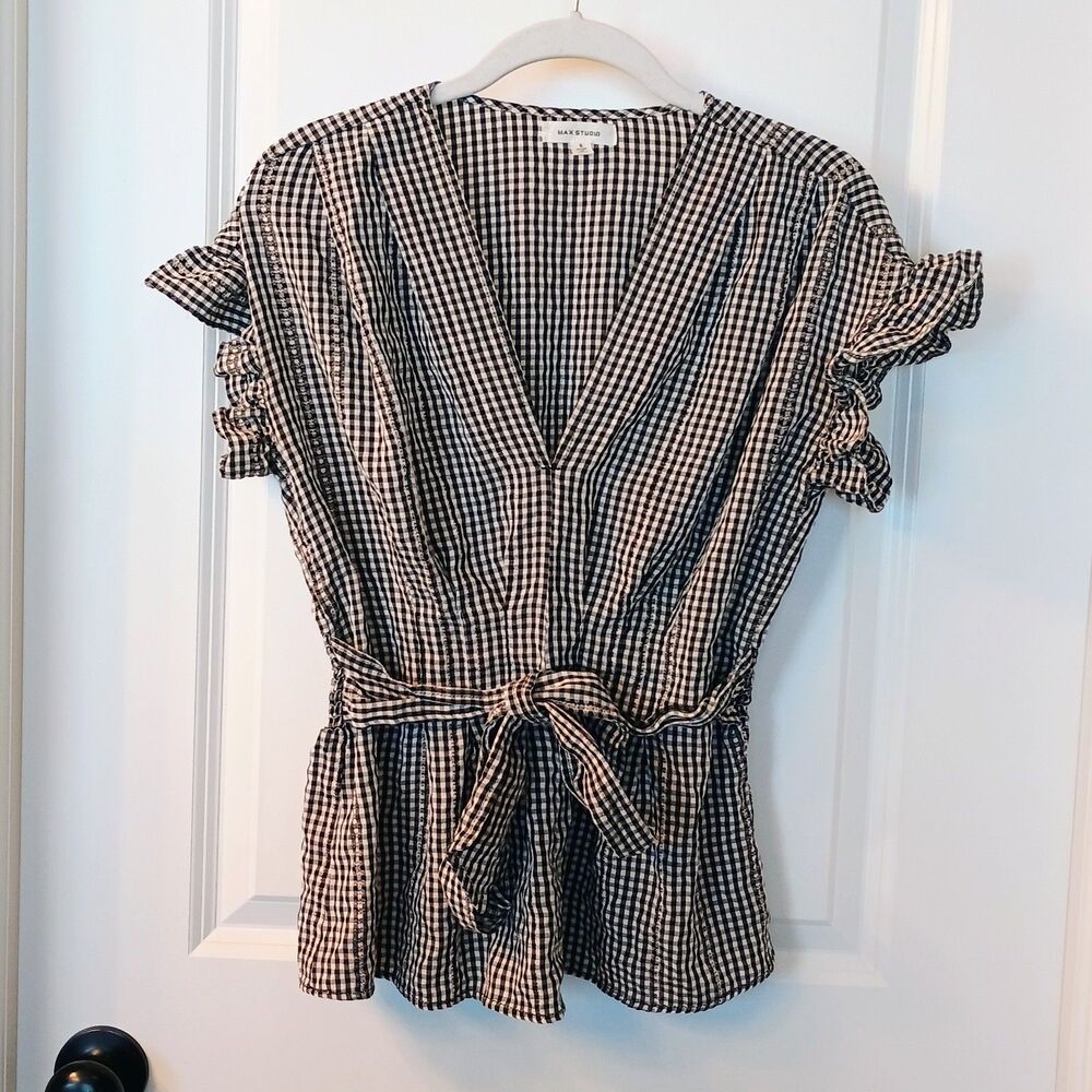 Max Studio Black & White Gingham Check Ruffle Sleeve Tie Waist Size Small